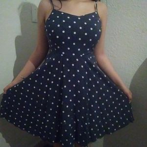 Blue dress with white polka dots